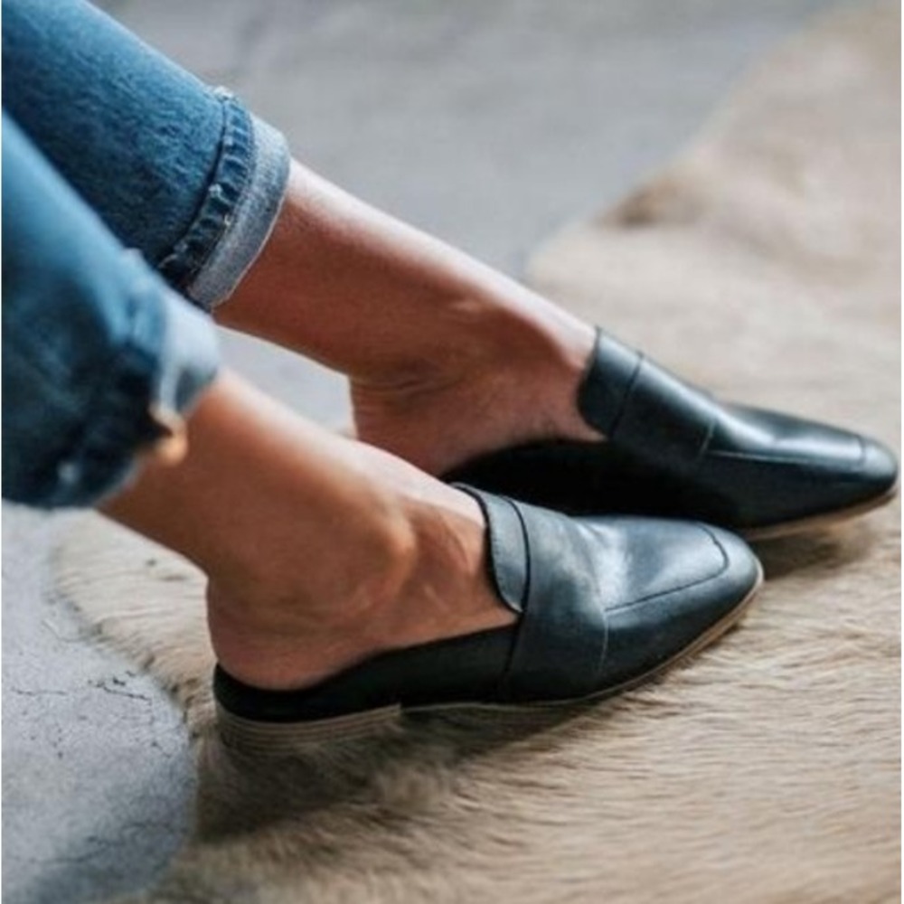 Free People Flat Mule Loafers Slip On Black Ballet Minimalist Preppy Classic